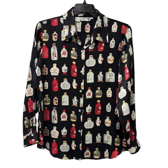 Kasper A.S.L. 100% Silk Asian Perfume Bottle Print Button Front Blouse Women’s L - Picture 1 of 8